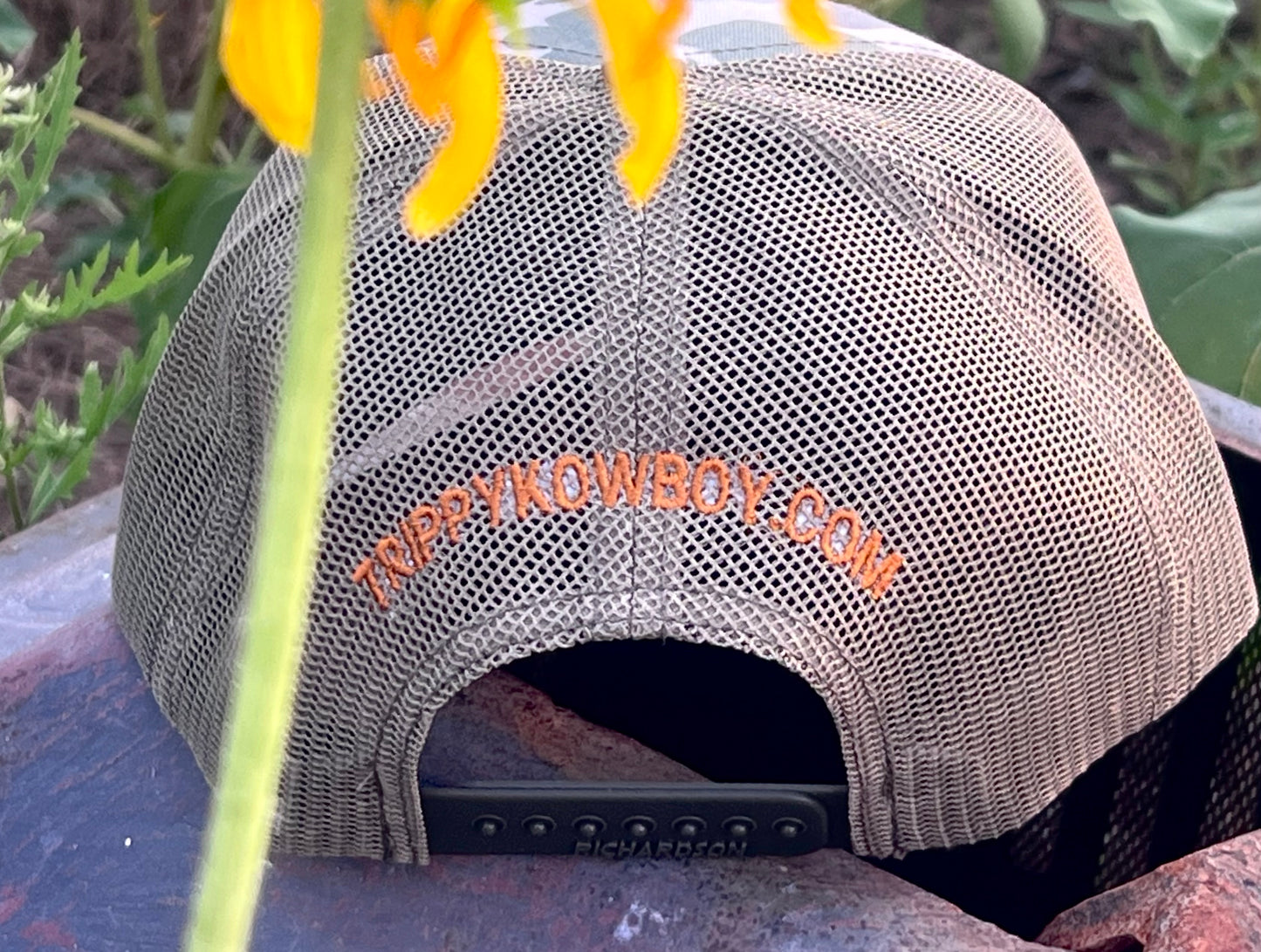 Trippy Kowboy leather patch Camo trucker hat
