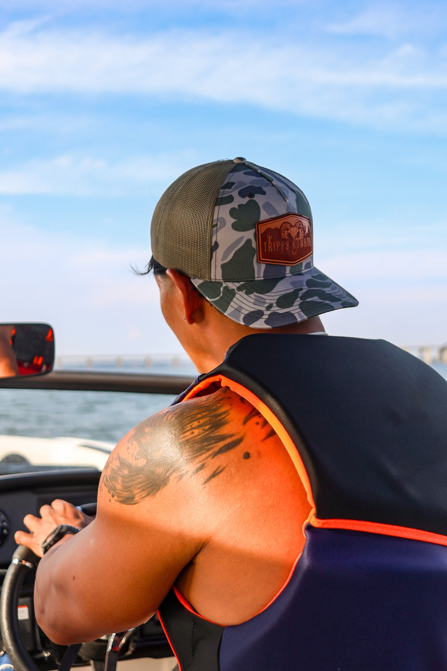 Trippy Kowboy leather patch Camo trucker hat