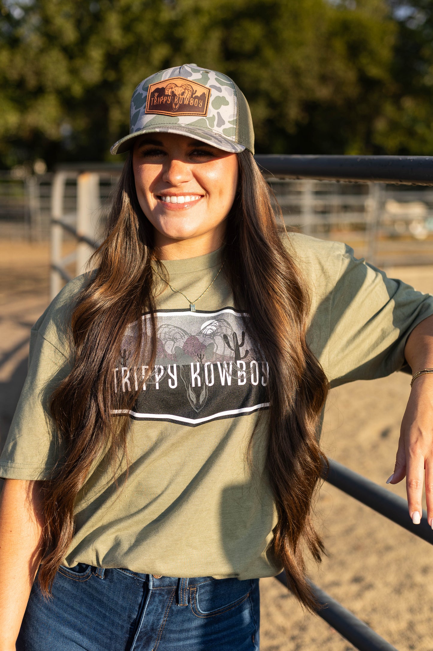 Trippy Kowboy leather patch Camo trucker hat